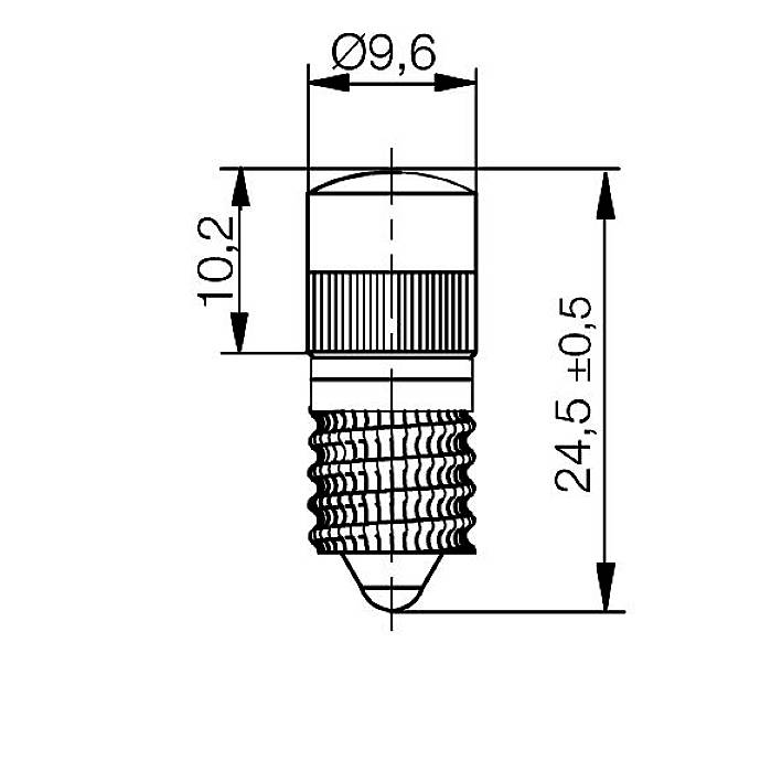 Dessin technique d'un composant, forme cylindrique avec rainures et filetage, dimensions : diamètre 9,6 mm, longueur 10,2 mm, longueur totale 24,5 mm.