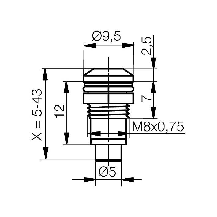 Dessin technique d'un composant cylindrique avec dimensions. Diamètre supérieur de 9,5 mm, diamètre inférieur de 5 mm, hauteur variable de 5 à 43 mm.