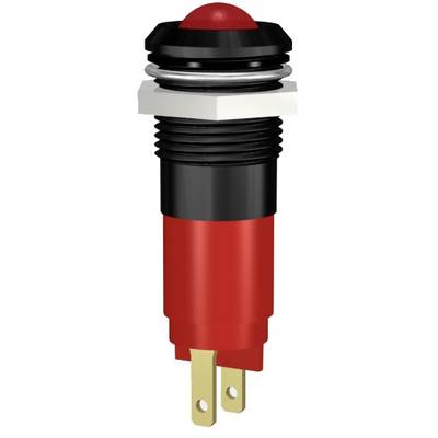 Bouton-poussoir rouge avec connexions dorées et filetage de fixation noir, vue de côté.