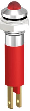 Un bouton-poussoir LED rouge avec contacts métalliques et un boîtier rond transparent. Adapté pour les appareils électroniques.