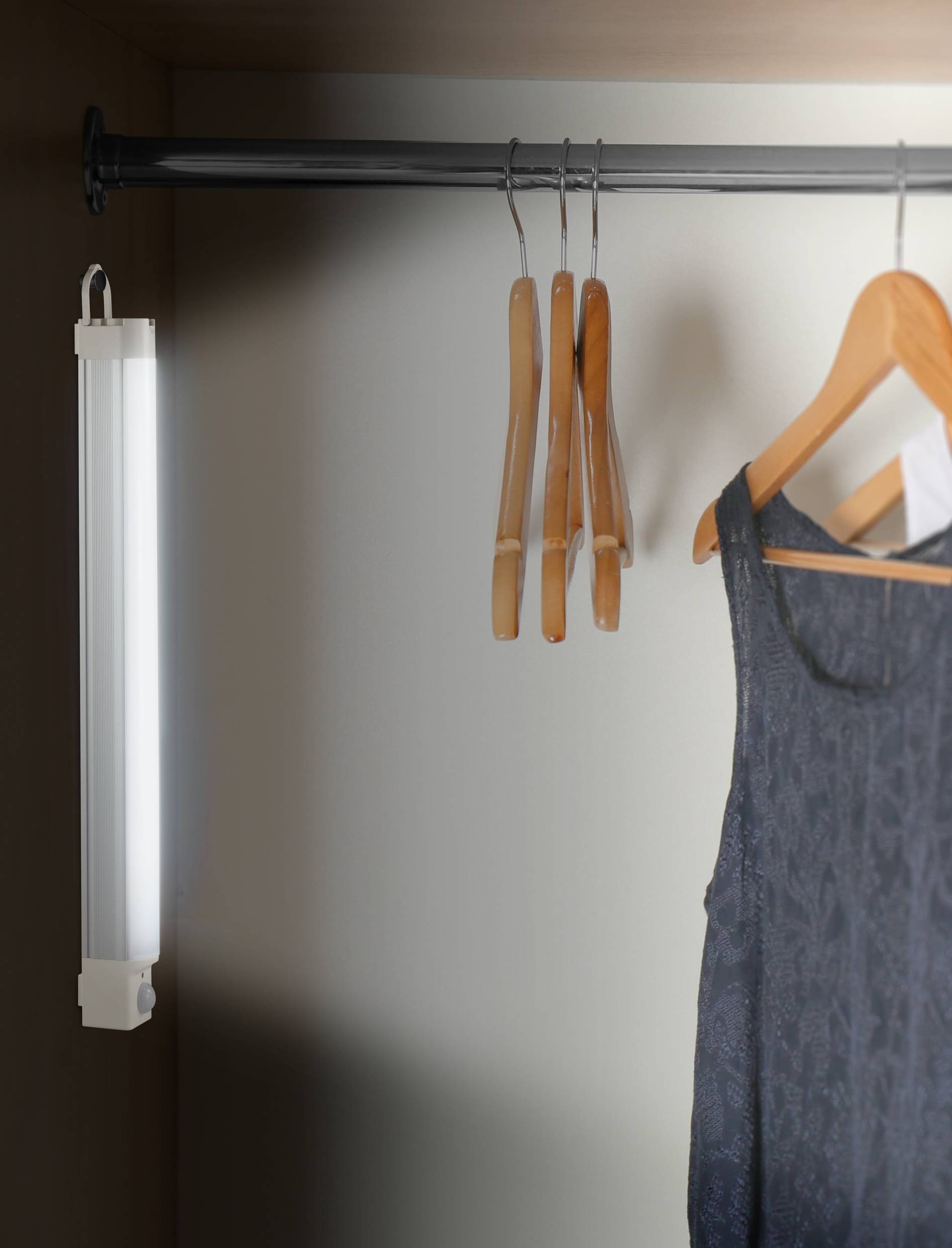 Armoire avec tringle à vêtements, source lumineuse et quelques cintres vides. Une robe grise est suspendue à droite.