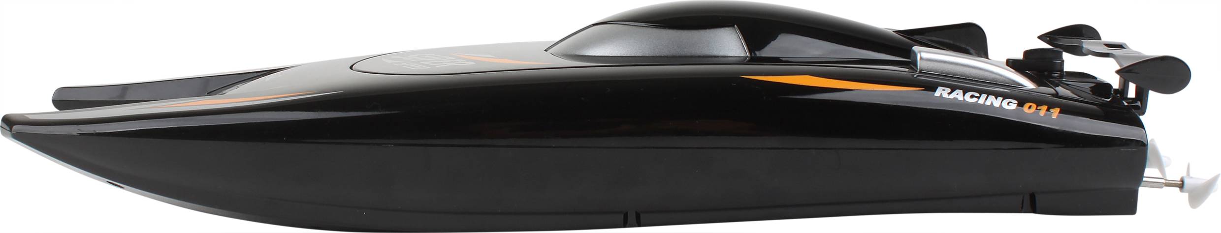 Un bateau de course miniature noir avec des bandes oranges et l'inscription « Racing 911 » sur le côté, présente une forme aérodynamique.