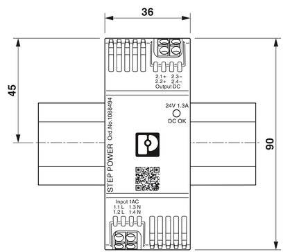 Dessin d'un appareil électrique de dimensions 36 mm x 90 mm. Il présente des entrées, des sorties et un code QR. Utilisation principale : alimentation électrique.