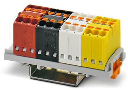 Une série de bornes électriques enfichables de différentes couleurs (rouge, noir, blanc, jaune) sur un rail de montage.