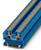 Une barrette de connexion bleue avec des éléments orange, utilisée pour les connexions électriques et la distribution dans les tableaux électriques.