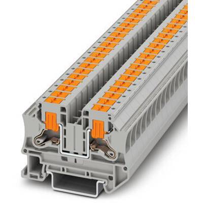 Un bloc de connecteurs électriques gris, à deux rangées, avec des leviers orange, utilisé pour le câblage et la connexion de câbles.