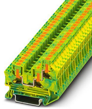 Un bloc de connecteurs multicouche vert et jaune, utilisé pour les connexions électriques de circuits.