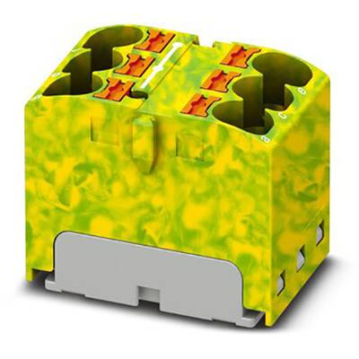 Un composant électrique de forme cubique jaune avec plusieurs cavités et des points de connexion rouges, probablement un connecteur.