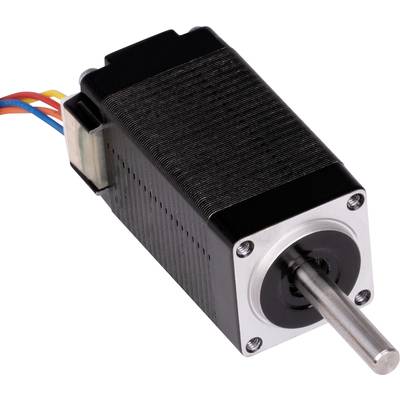 Moteur pas à pas avec boîtier noir et axe métallique saillant, relié à des fils de couleur pour des applications électroniques et robotiques.