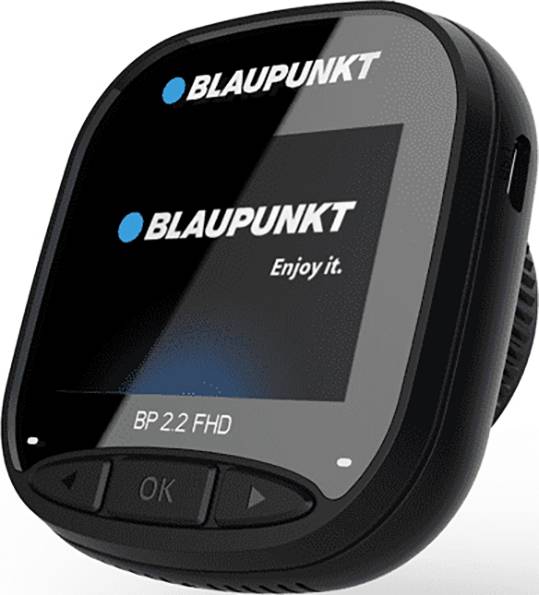 Un appareil électronique noir de Blaupunkt portant l'inscription 'Enjoy it.' et le modèle 'BP 2.2 FHD', probablement un enregistreur de bord.