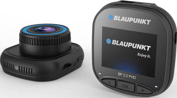 Deux dashcams de Blaupunkt. La caméra de gauche montre l'objectif, celle de droite l'écran affichant l'inscription « Enjoy it. » et le numéro de modèle.
