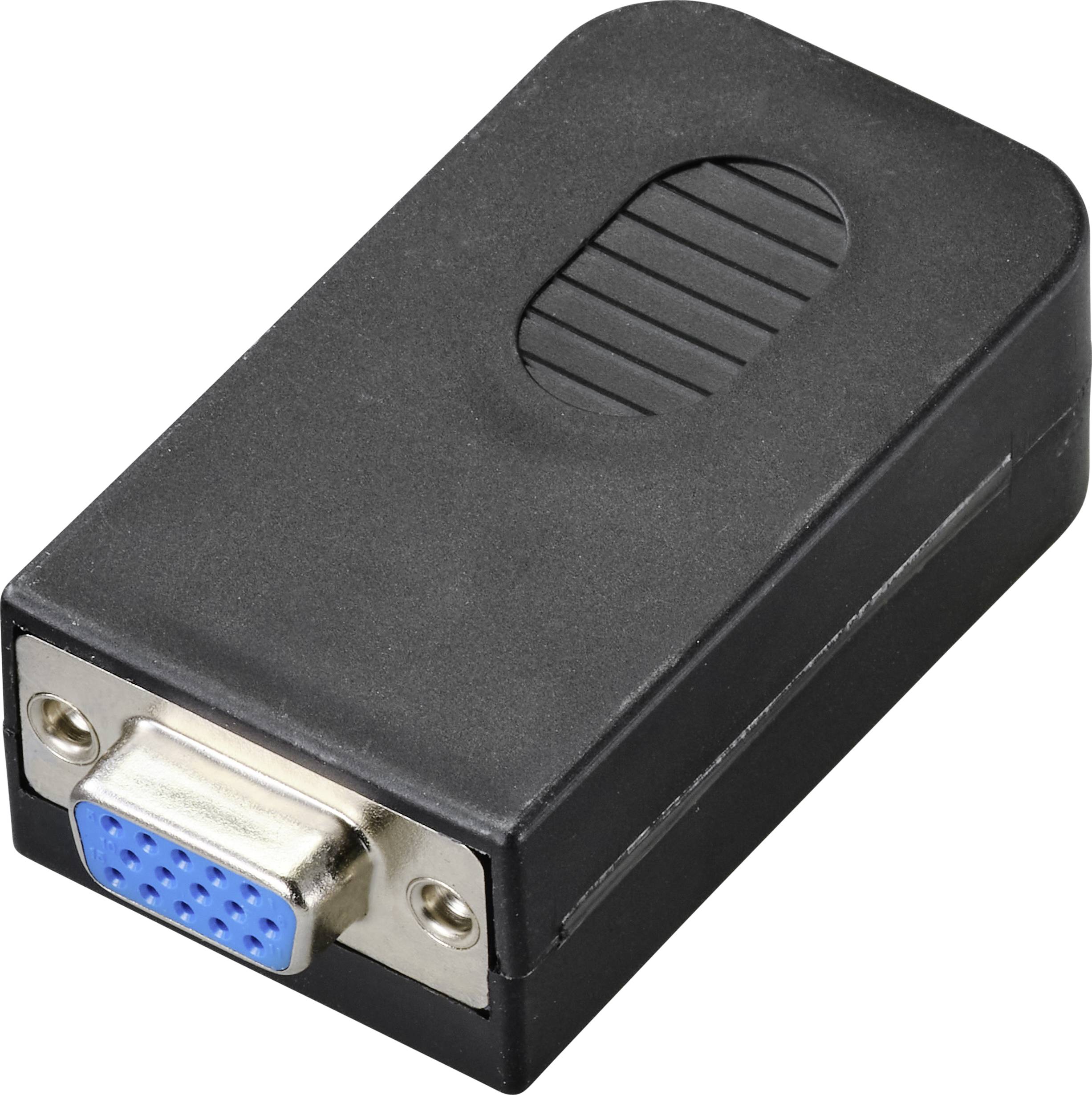 Adaptateur noir VGA vers HDMI sur fond blanc. L'adaptateur dispose d'une fiche VGA et d'un port HDMI, permettant la transmission vidéo.