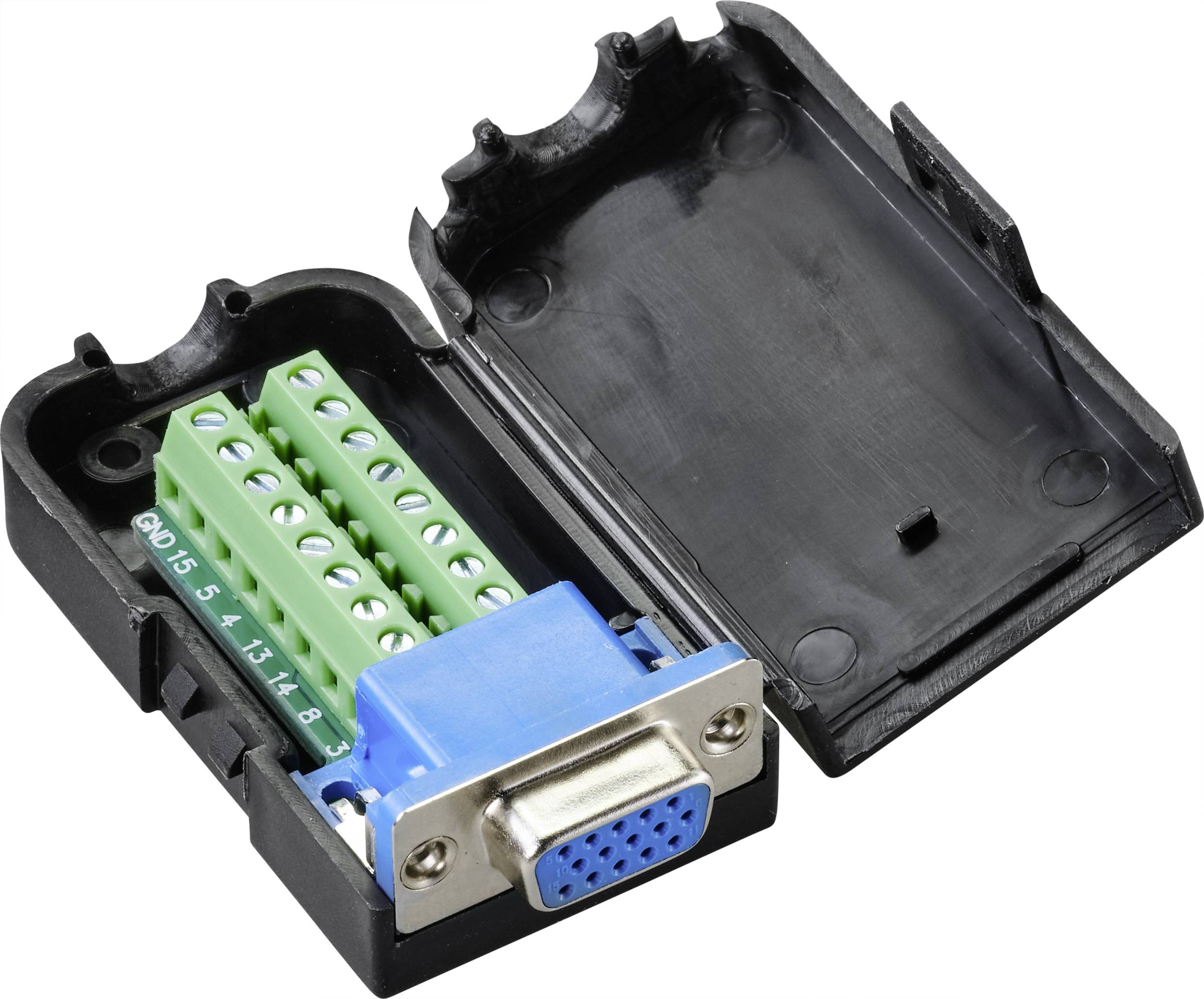 'Adaptateur VGA, ouvert. Montre des bornes de connexion vertes et un connecteur VGA bleu dans un boîtier noir. Adapté aux techniques de connexion.'