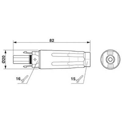 Dessin technique d'un composant cylindrique avec les dimensions suivantes : longueur 82 mm, diamètre 20 mm. Tailles de clés à molette 16 et 15.