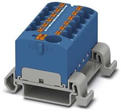 Connecteur électrique en bleu et gris avec plusieurs bornes de connexion et éléments de fixation latéraux.