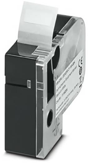 Cartouche d'impression noire et transparente avec une bande de papier visible à travers une fenêtre sur le dessus.