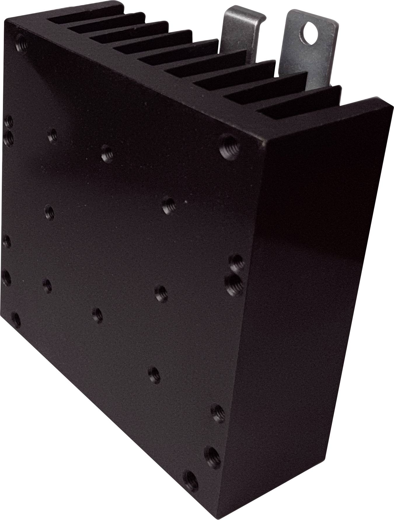 Un dissipateur thermique rectangulaire noir en métal avec plusieurs ailettes pour l'évacuation de la chaleur, vu de côté. Adapté aux appareils électroniques.