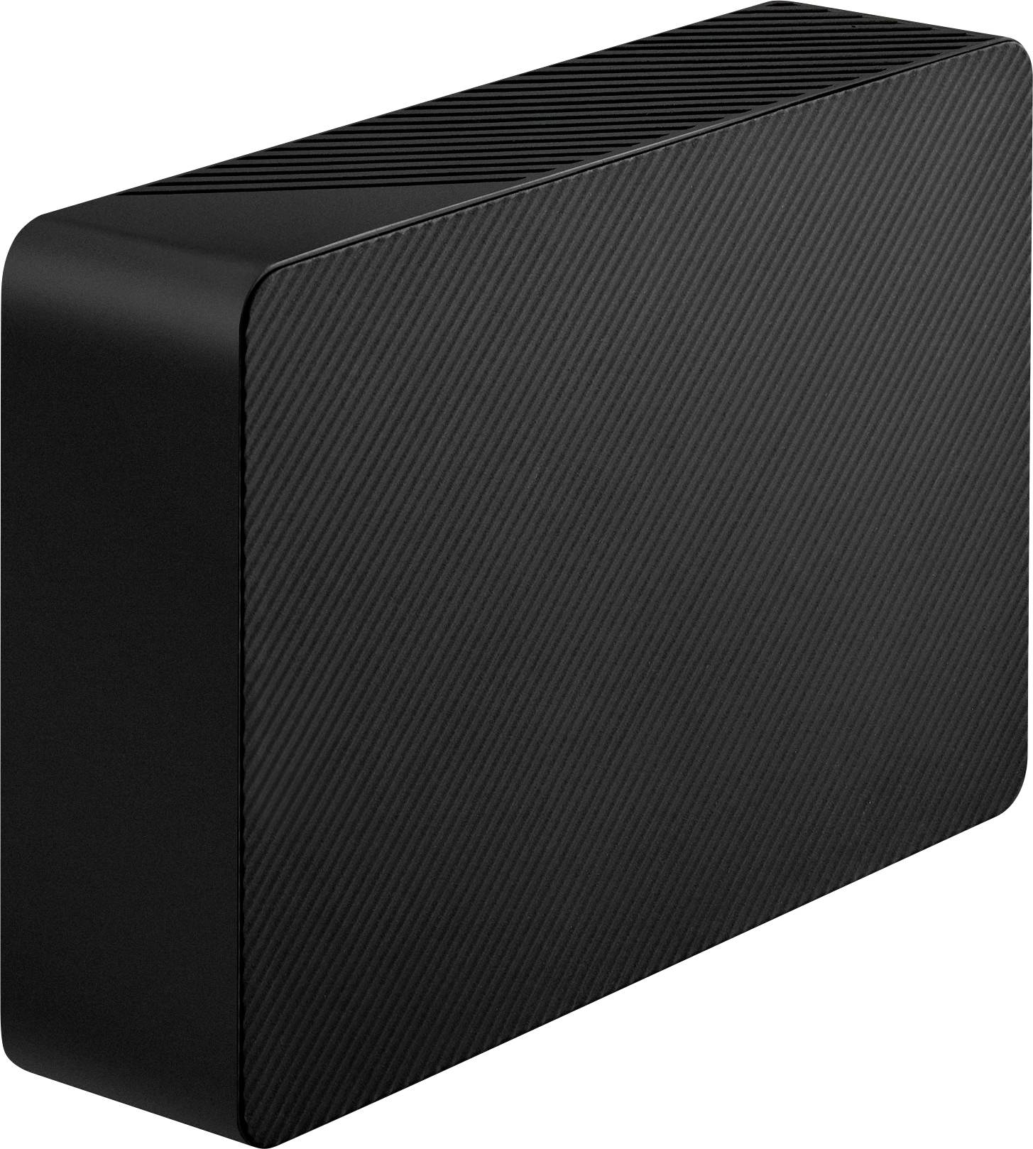 Disque dur externe noir avec surface striée, de design rectangulaire et compact, positionné verticalement.