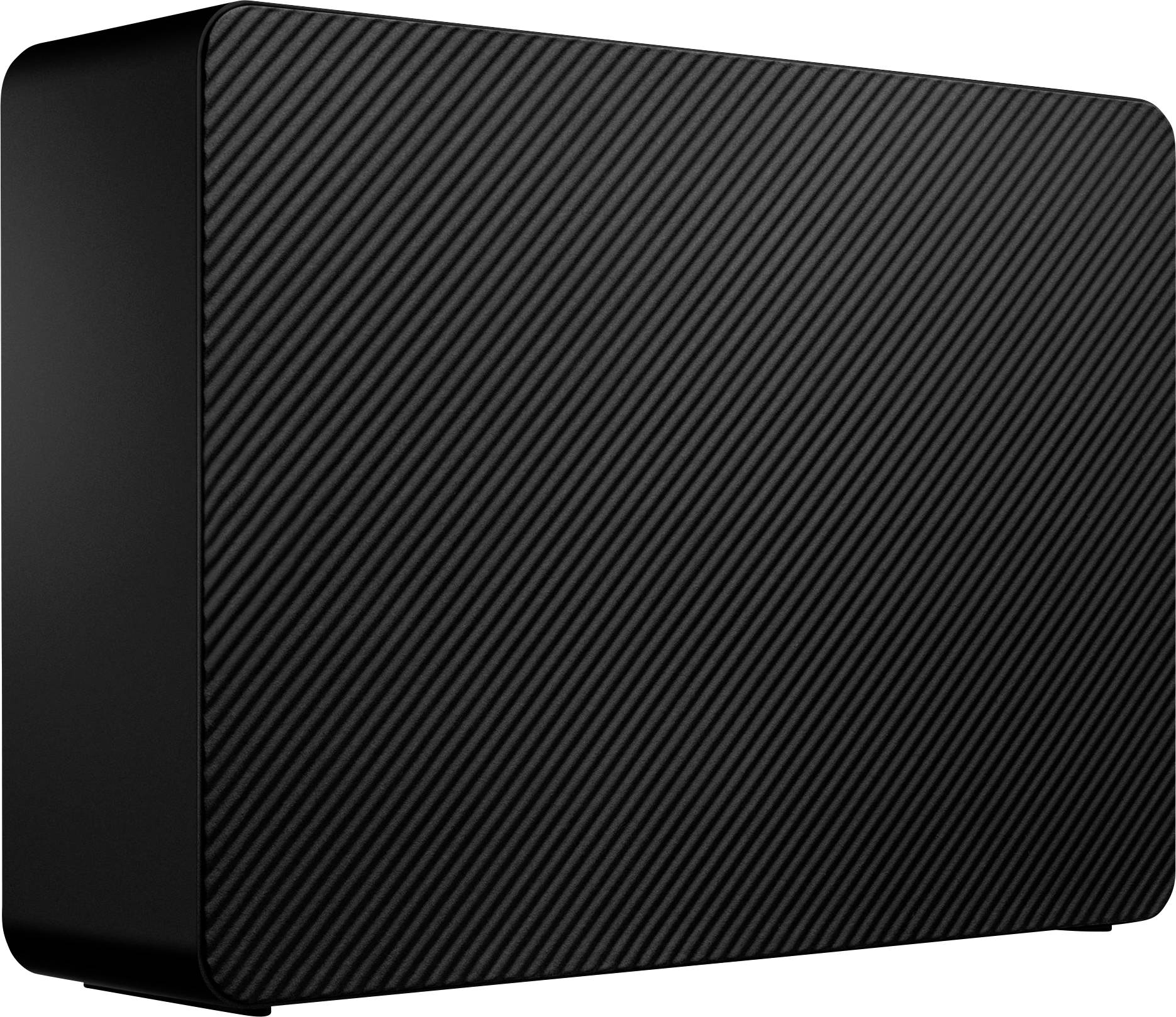 Boîtier externe de disque dur noir, rectangulaire, avec des rainures diagonales. Design minimaliste pour extension de stockage.