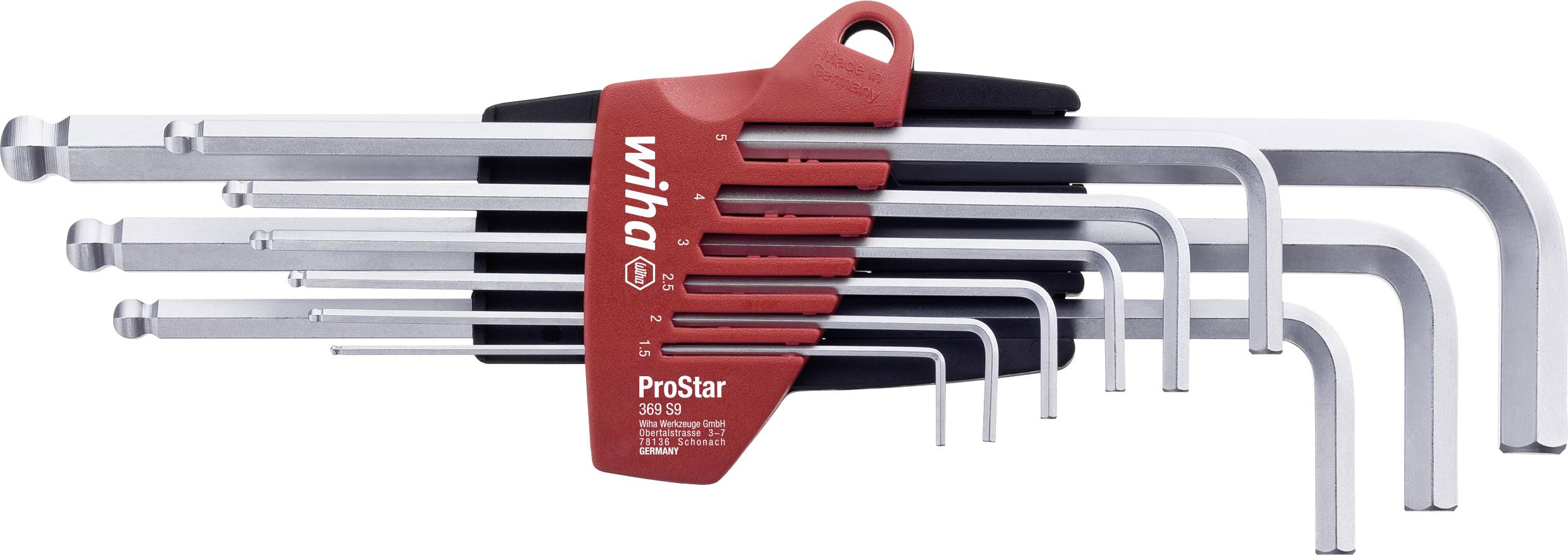 Un ensemble de sept clés hexagonales en argent de différentes tailles, rangées dans un support en plastique rouge portant l'inscription 'Wiha ProStar'.