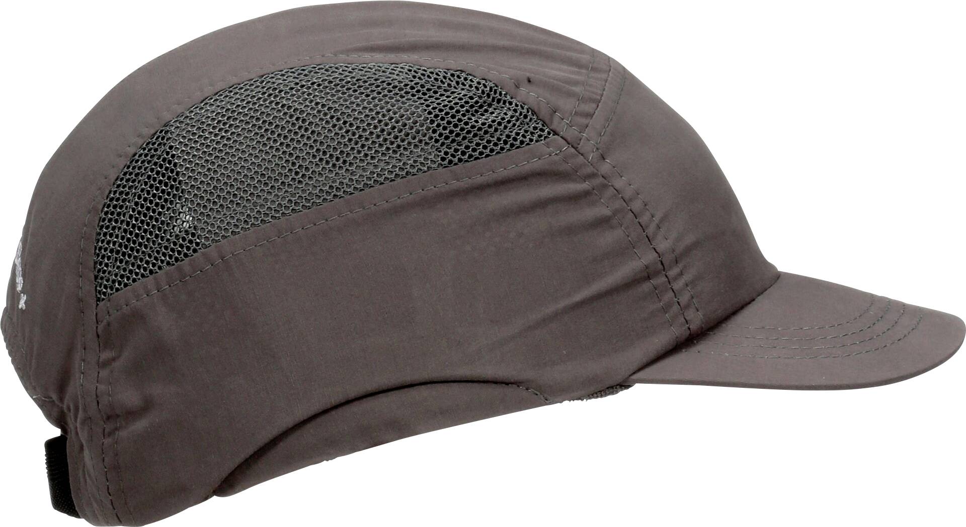 Casquette marron foncé en tissu avec aération grillagée sur les côtés, vue de côté.
