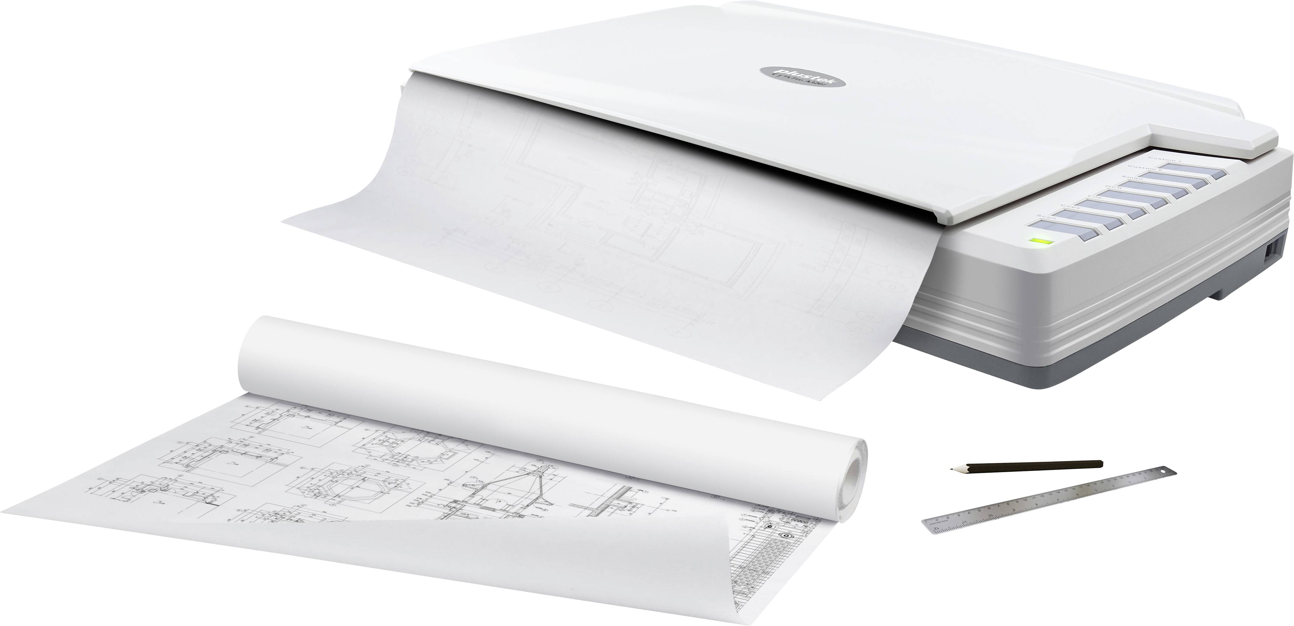 Un scanner de documents numérise de grands dessins techniques. À côté du scanner se trouvent une règle, un dessin roulé et un stylo.