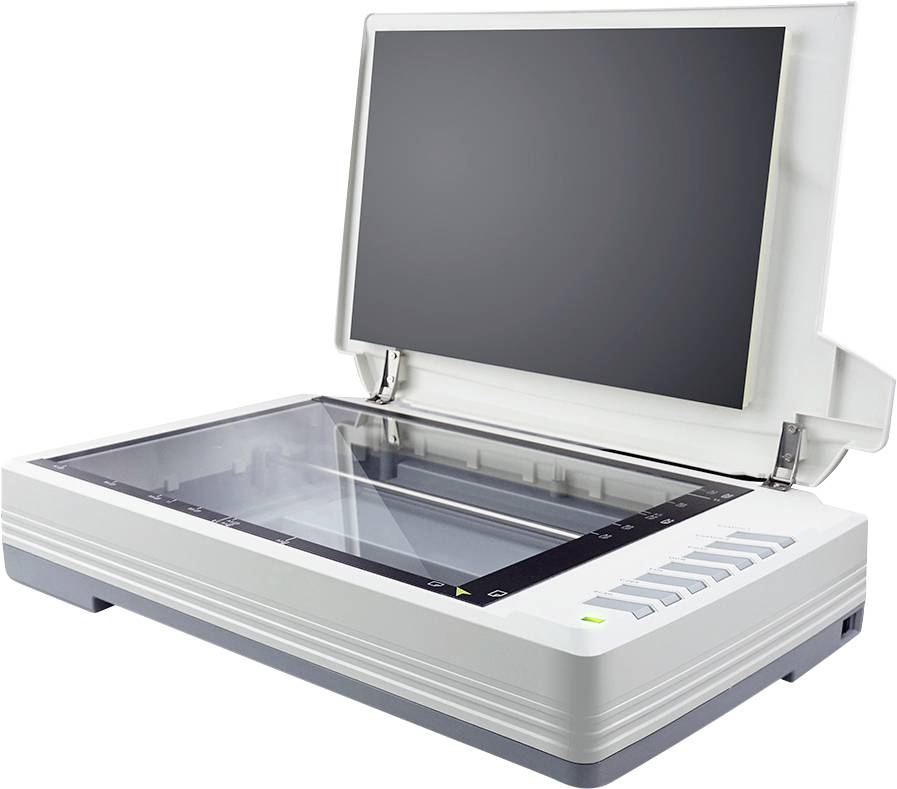 Scanner ouvert, prêt pour la numérisation de documents ou d'images.