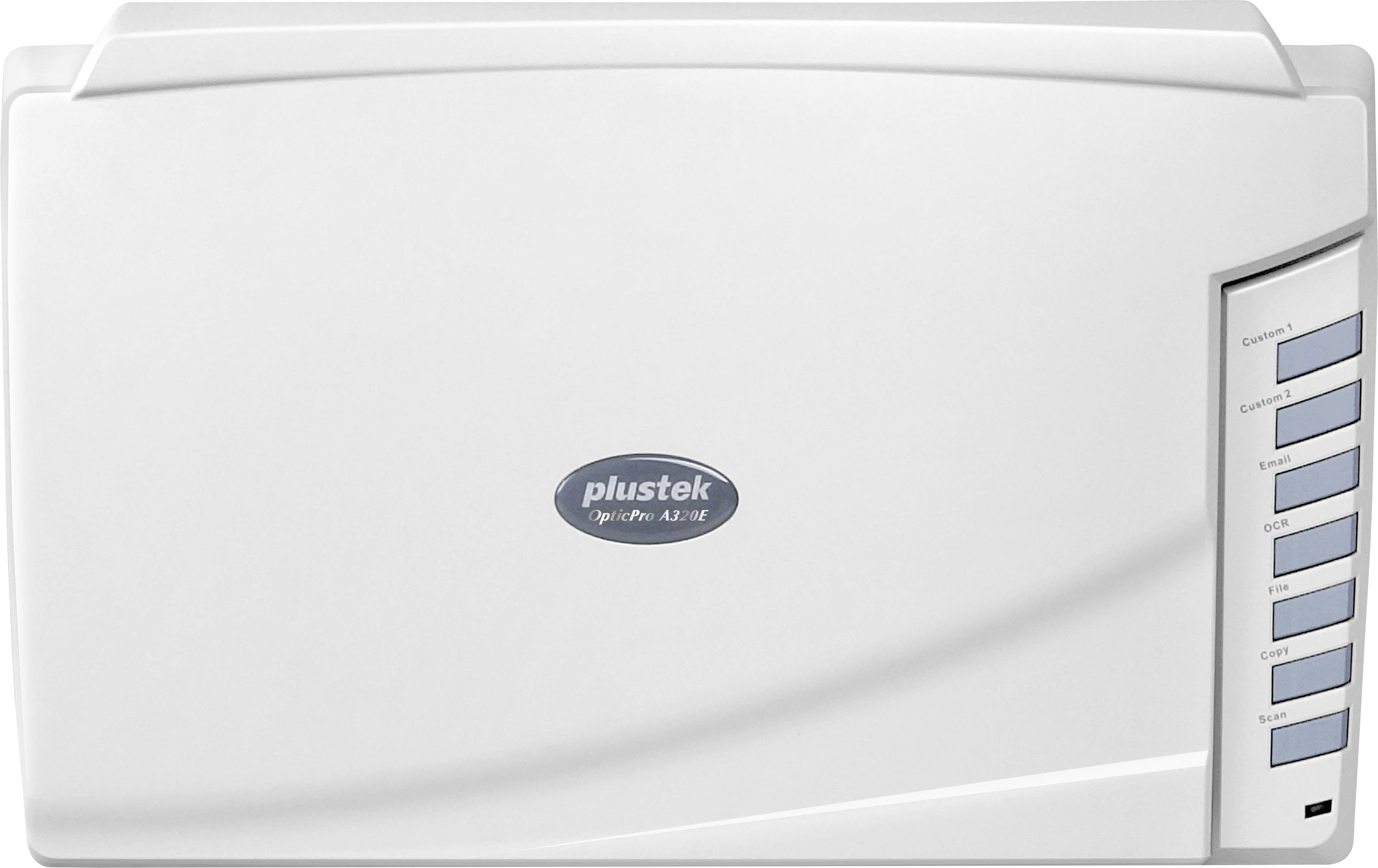 Un scanner à plat gris de la marque Plustek avec un bouton de commande bleu sur le côté droit.