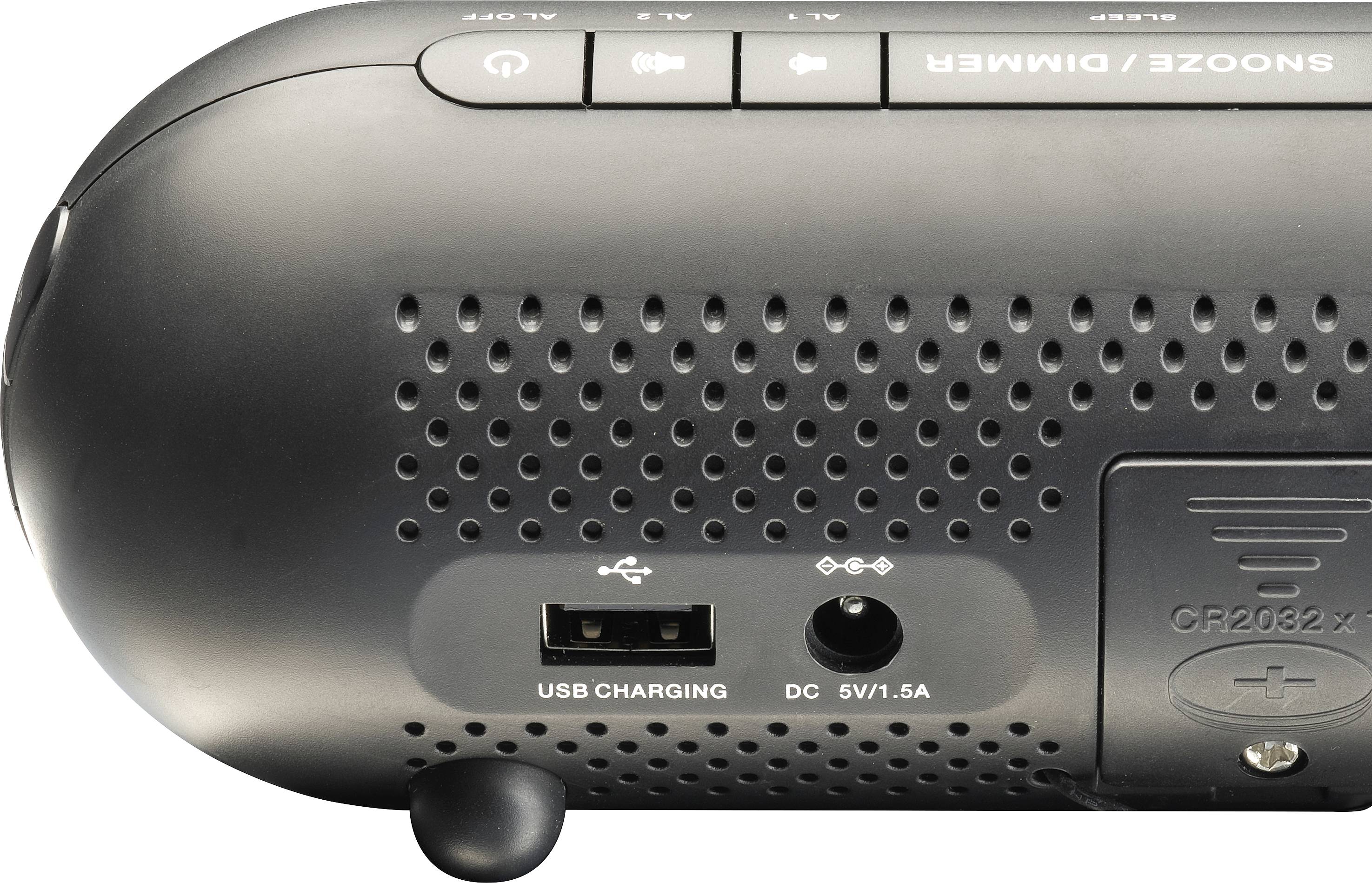 Vue arrière d'un haut-parleur avec ses connexions : port de chargement USB, entrée DC et compartiment pour pile bouton visibles.