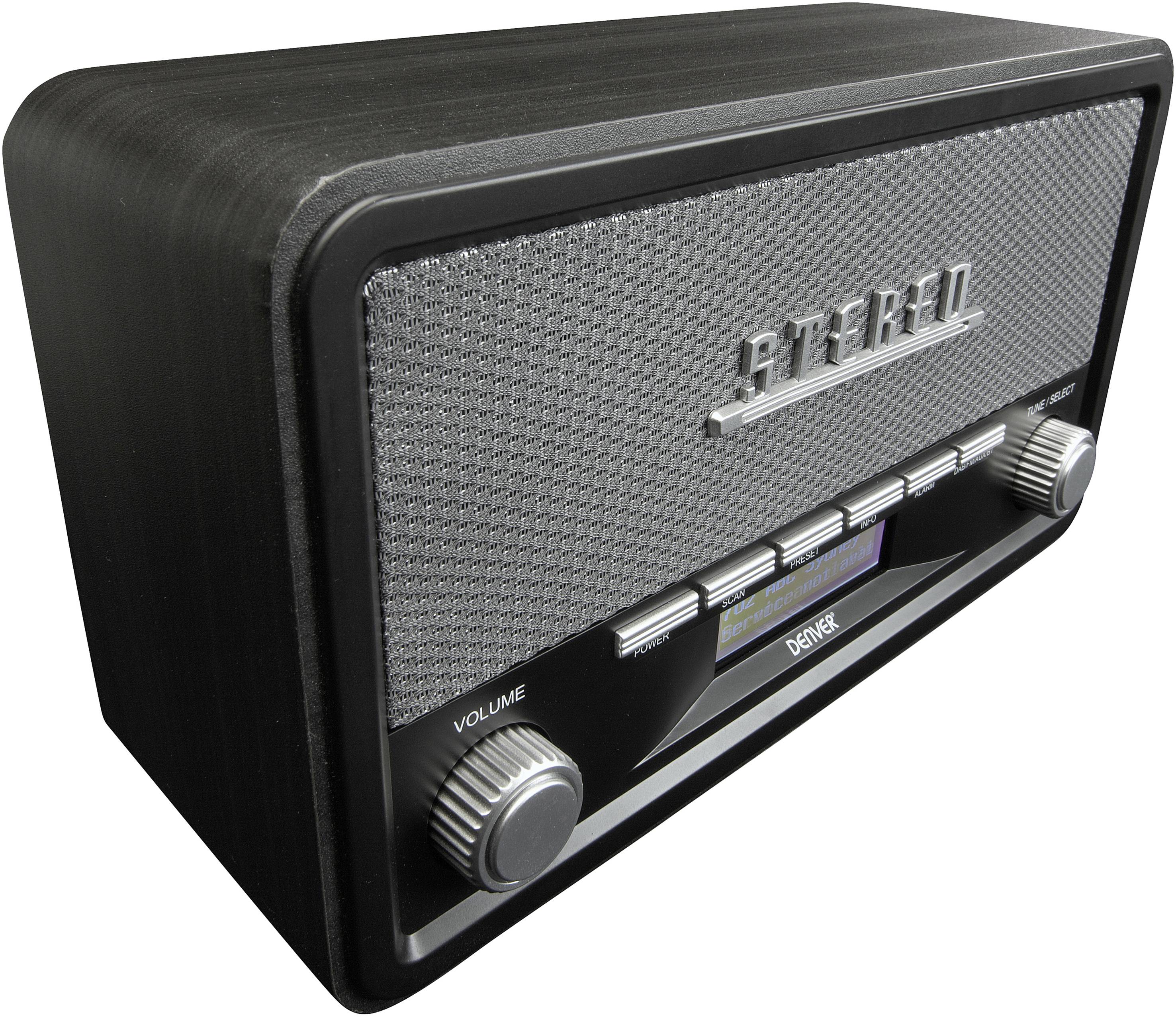 Un poste de radio rétro avec des boutons rotatifs pour le volume et la sélection des stations, dans un boîtier noir et une grille de haut-parleur argentée.