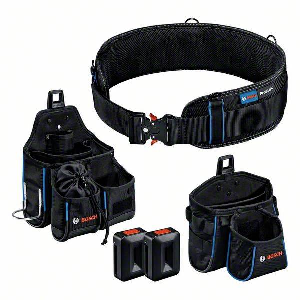 Ensemble de sacs à outils avec ceinture et deux batteries. Comprend plusieurs poches pour le rangement des outils. Marque 'Bosch'. Idéal pour les artisans.