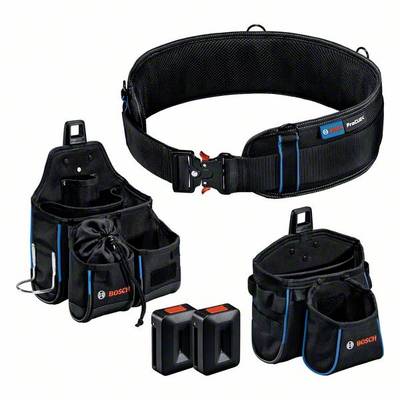 Ensemble de sacs à outils avec ceinture et deux batteries. Comprend plusieurs poches pour le rangement des outils. Marque 'Bosch'. Idéal pour les artisans.