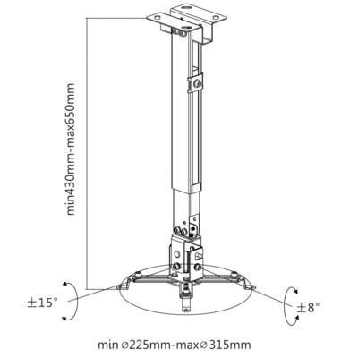 Support de projecteur à hauteur réglable de 430 mm à 650 mm. Angle d'inclinaison : ±15°, plage de rotation : ±8°. Diamètre de base : 225 mm à 315 mm.