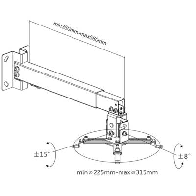 Dessin d'un support de projecteur réglable avec les indications suivantes : réglable horizontalement de 350 mm à 560 mm, inclinable verticalement de ±8°, base rotative de ±15°, diamètre de base de 225 mm à 315 mm.