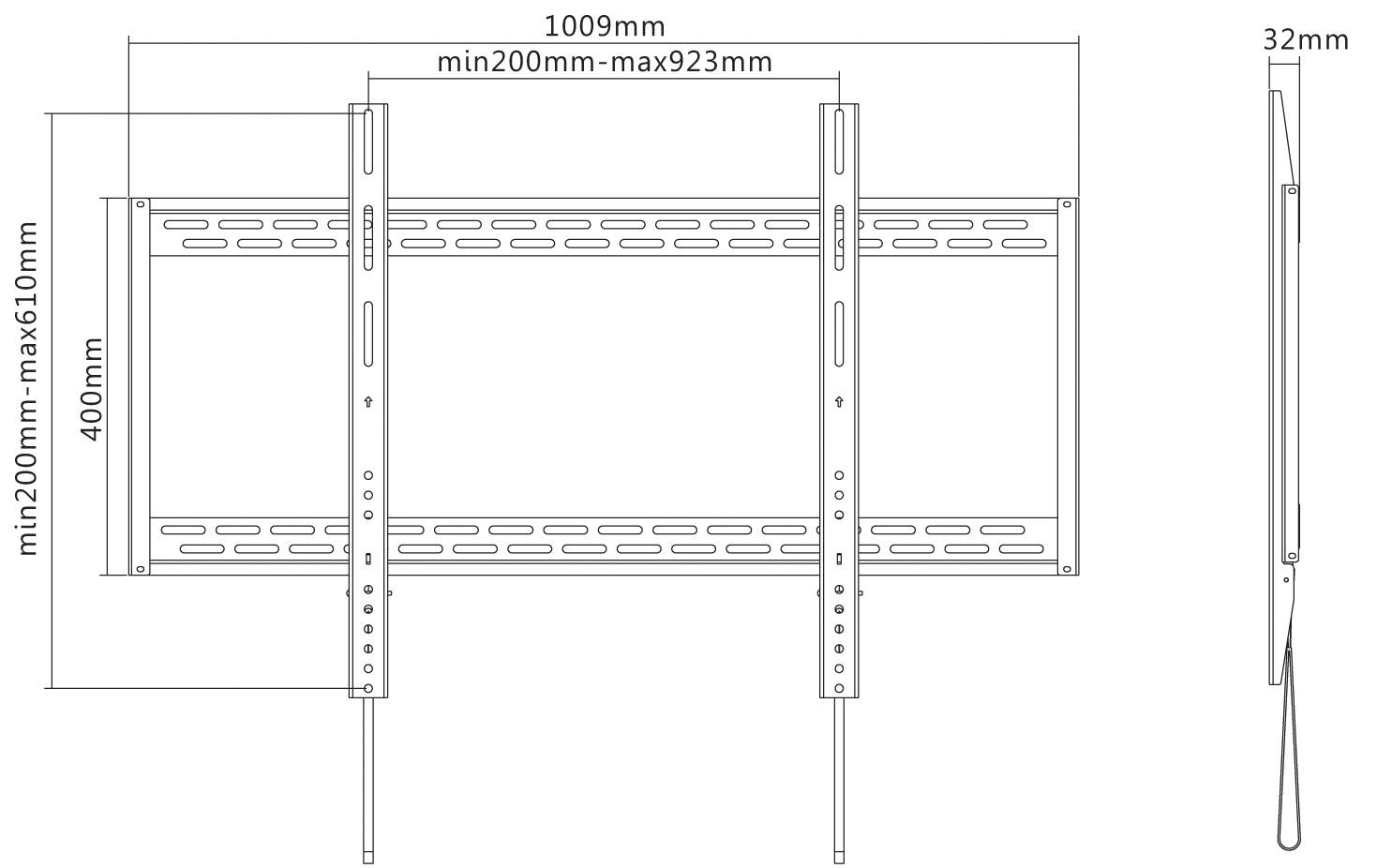 Support mural pour TV ou moniteur. Largeur maximale : 1009 mm, hauteur : 610 mm. La vue latérale montre une distance de 32 mm par rapport au mur.