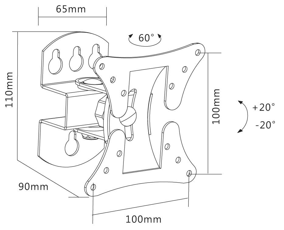 'Dessin technique d'un support mural pour téléviseur avec angle d'inclinaison réglable. Dimensions : 110 mm de hauteur, 100 mm de largeur, 90 mm de profondeur.'