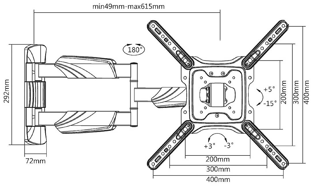 'Dessin technique d'un support mural réglable pour téléviseur avec angles de rotation et d'inclinaison ainsi que dimensions.'