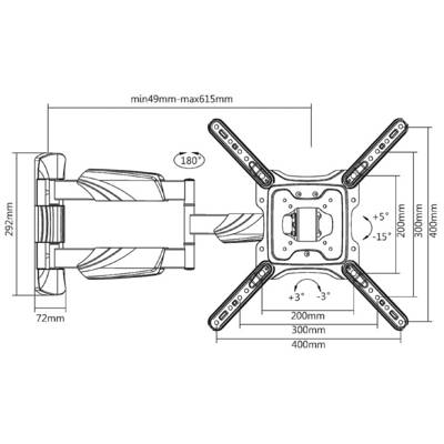 'Dessin technique d'un support mural réglable pour téléviseur avec angles de rotation et d'inclinaison ainsi que dimensions.'