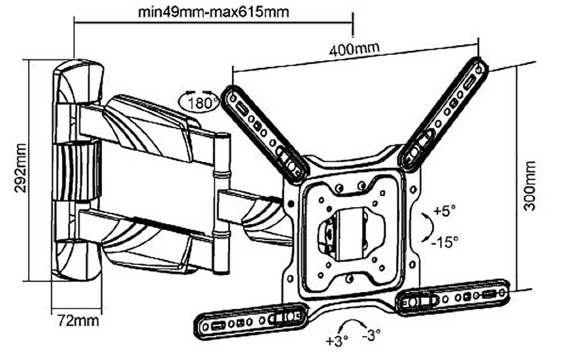 Diagramme d'un support mural pour écran avec dimensions : min 49 mm à max 615 mm, largeur 400 mm, hauteur 300 mm. Angle de pivotement 180°, inclinaison de -15° à +5°, rotation de -3° à +3°.