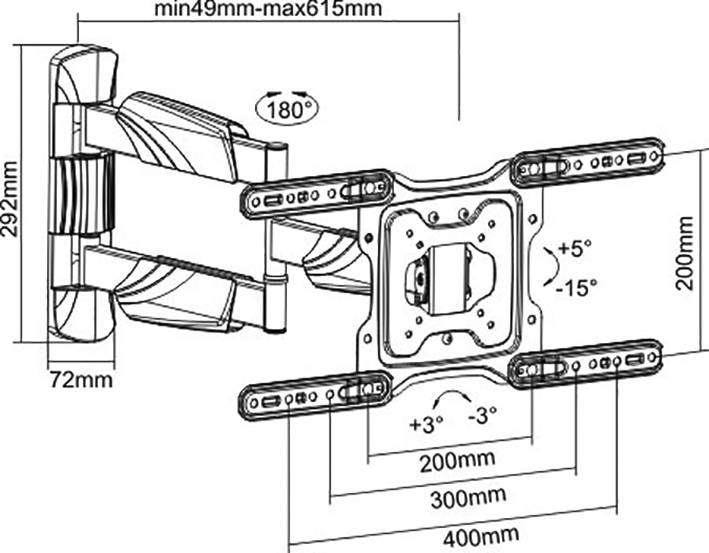 Schéma d'un support mural TV avec bras articulé. Dimensions : 292 mm de hauteur, 72 mm de profondeur. Pivotant à 180°, inclinaison de +5° à -15°, rotation de ±3°.
