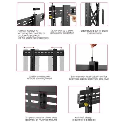 'Notice de montage pour support d'écran : Protection contre les chutes, verrouillage rapide, accès facile à la maintenance, déplacement pour l'alignement, réglage du niveau, installation simple, protection antivol.'