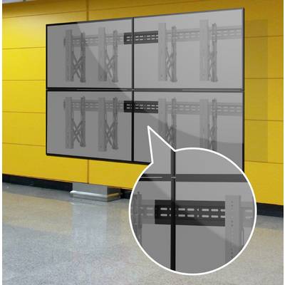 Mur vidéo composé de quatre écrans montés sur un mur jaune. Un agrandissement met en évidence les supports de fixation des écrans.