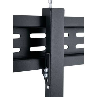 Un support métallique noir avec des vis sur un montant vertical, adapté pour la fixation de téléviseurs ou de moniteurs.
