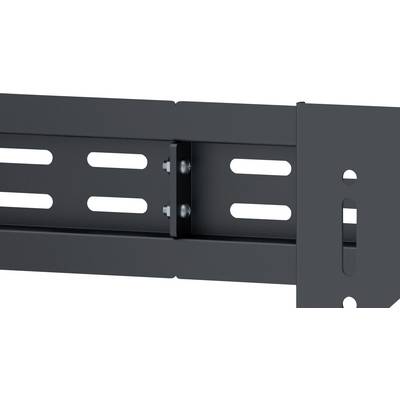 Un étagère métallique noire avec des vis et des fentes ovales pour un montage flexible.