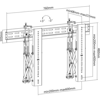 Dessin technique d'un support mural réglable pour téléviseur avec dimensions. Indique un angle d'inclinaison de ±3°, largeur de 760 mm, avec réglages en hauteur et en profondeur.