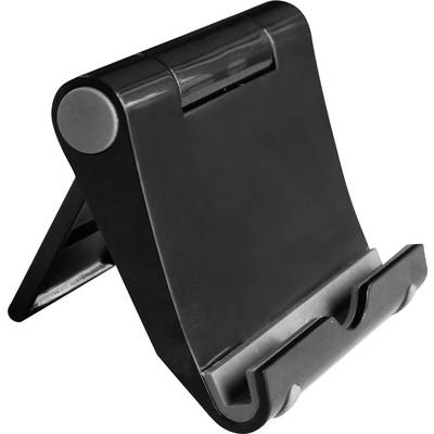 Support noir pliable pour tablette en position inclinée, idéal pour maintenir une tablette ou un smartphone.