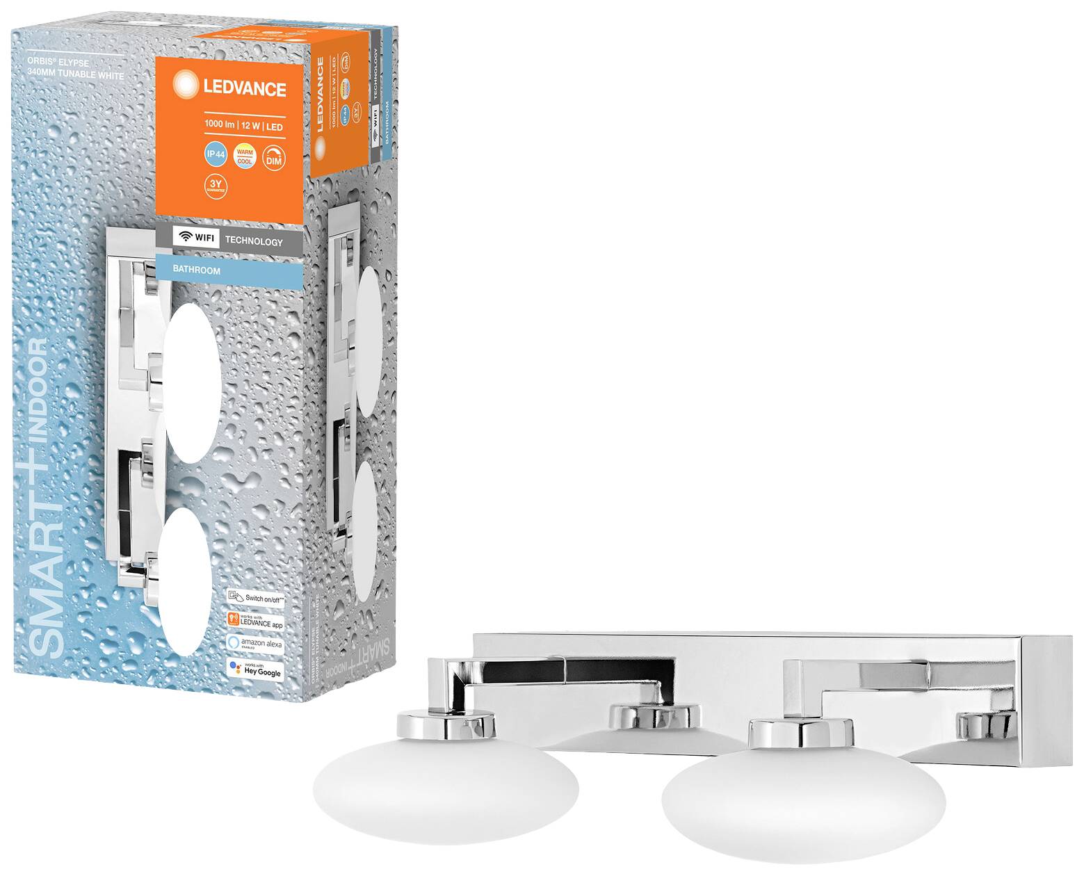 Lampe LED avec deux ampoules rondes dans un support chromé, représentée à côté de son emballage comportant le logo de la marque et les spécifications techniques.