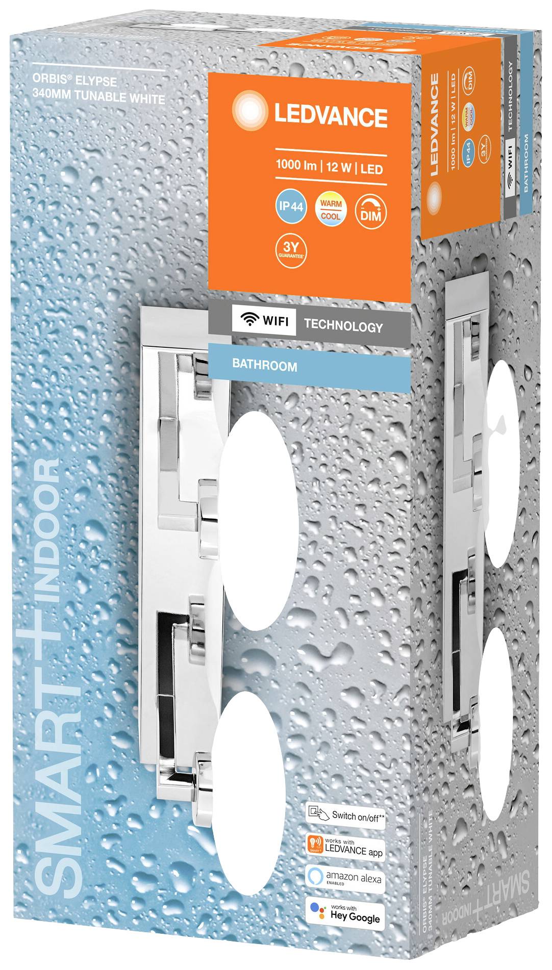 Emballage 'LEDVANCE SMART+ Indoor' pour installation dans la salle de bain, présentant un luminaire LED blanc réglable, 1000 lumens, 12 watts, 360 mm.