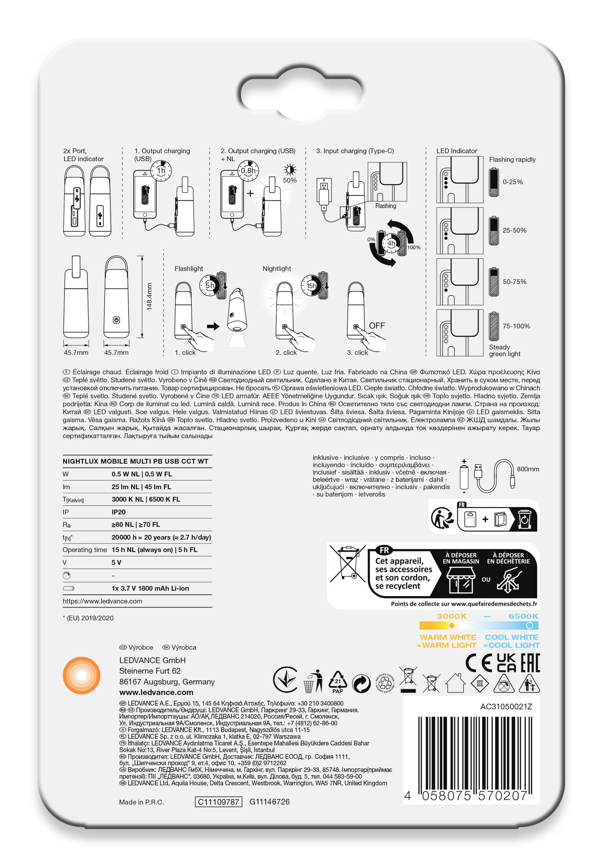 Verso d'un emballage de produit avec des illustrations expliquant le fonctionnement d'un chargeur USB. Instructions et informations de sécurité multilingues.