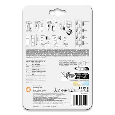 Verso d'un emballage de produit avec des illustrations expliquant le fonctionnement d'un chargeur USB. Instructions et informations de sécurité multilingues.